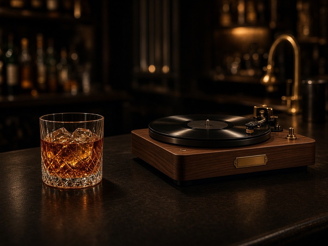 Short bar at Haifa Vinyl Loft with glassware and amber bottles