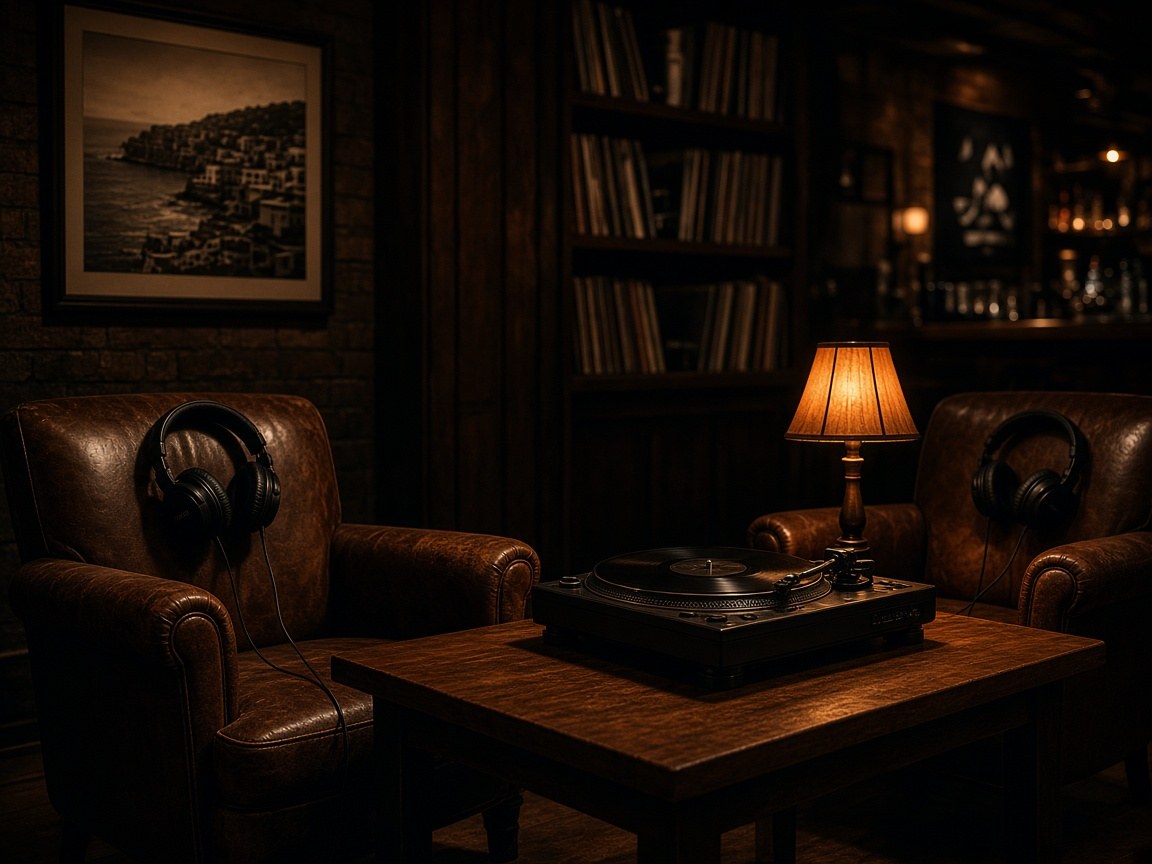 Leather listening booth beside a window looking over Haifa at night