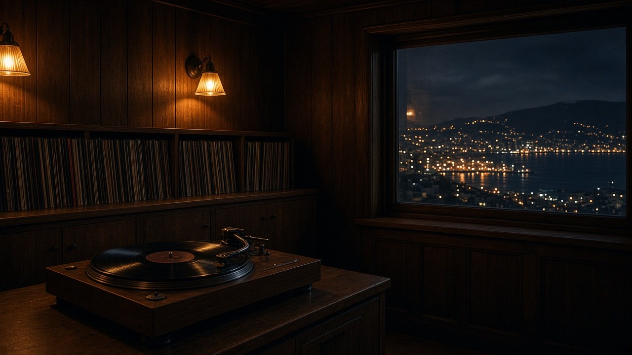 Warm tungsten interior of Haifa Vinyl Loft looking toward the night windows on the Carmel slope