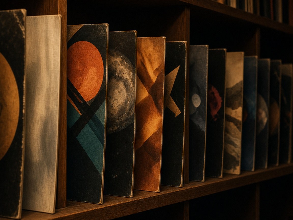 Stacked album sleeves along a wooden listening-room shelf