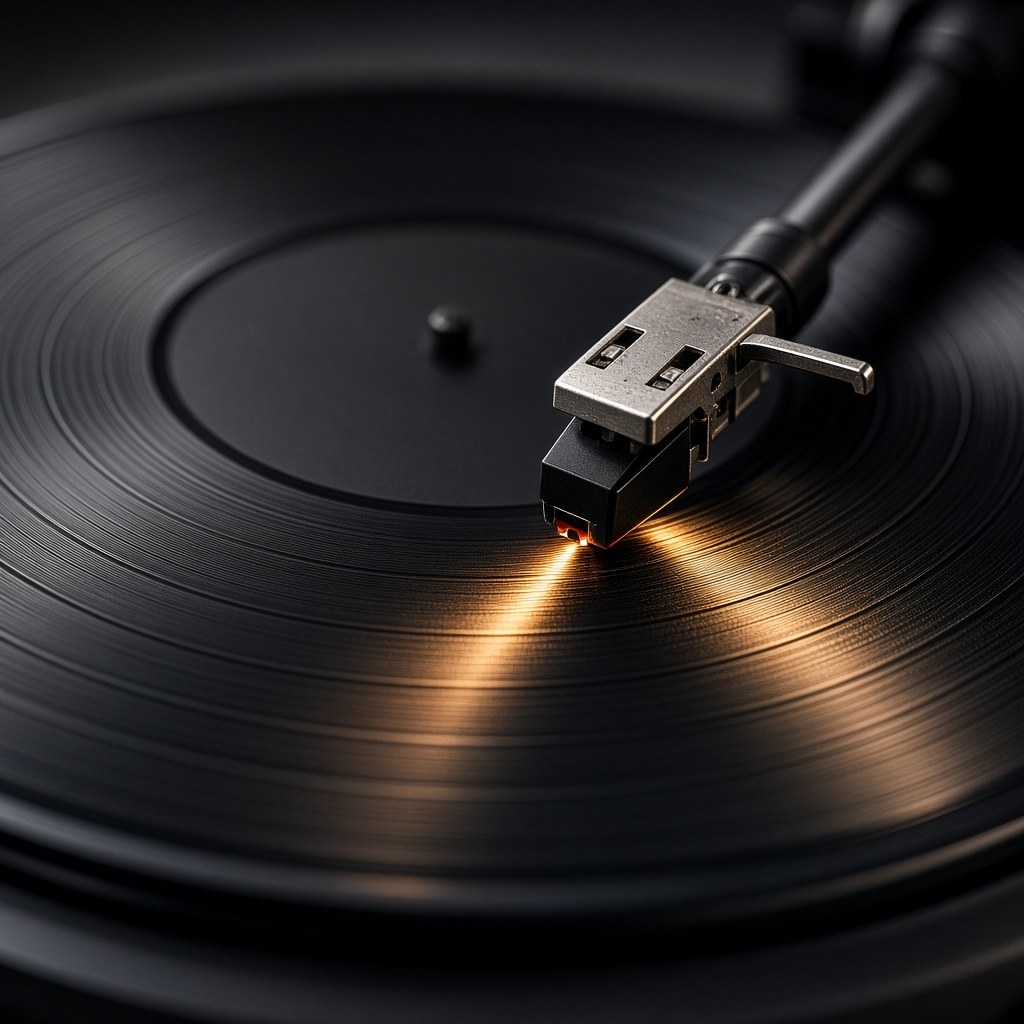 Close view of a turntable tonearm over a spinning LP in low tungsten light